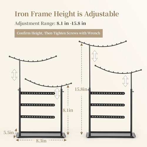 LAMU Jewelry Organizer, 5 Tier Jewelry Stand Display with Anti Entanglement Necklace Holder Tree, Height Adjustable Stroage for Earrings Rings Studs Bracelet, Valentines Day Gifts for Women, Black - color: Black