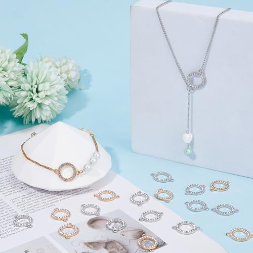 60pcs 14k Gold Connectors Charm Alloy Connector Charm 0.9 Inch Flat Round Link Charm Crystal Rhinestone Connector with Double Loops for Bracelet Earring Jewellery Making
