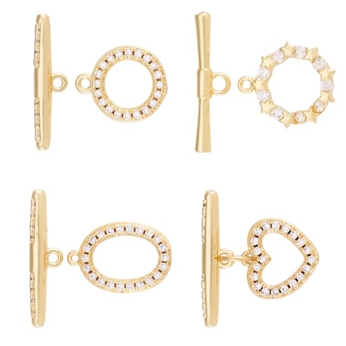 4Pcs Cubic Zirconia Toggle Clasps 18K Gold Plated Brass Toggle Jewelry Clasps IQ End Connector Oval Ring Star Heart T-Bar Closure Clasp for Bracelet Necklace Jewelry Making - color: Clear