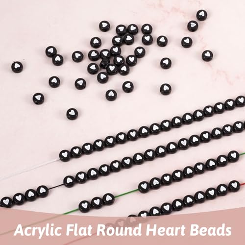 Cheriswelry 200pcs 7mm White Heart Acrylic Flat Round Beads Black Opaque Plastic Disc Coin Pony Loose Spacer Love Heart Beads for DIY Craft Earring Bracelet Necklace Keychains Jewelry Making - color: Black Heart Beads