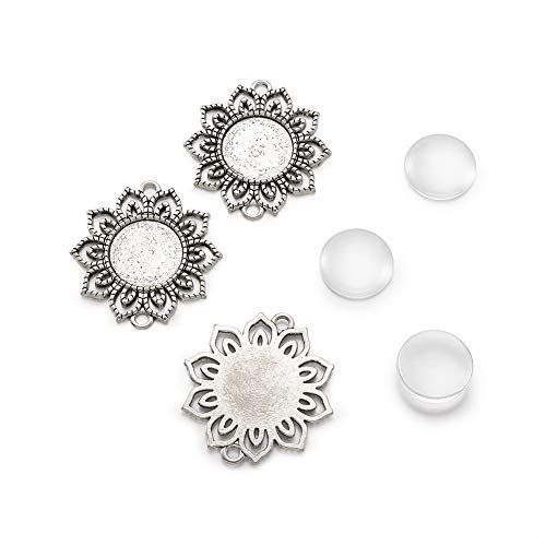 FASHEWELRY 10 Sets Alloy Flat Round Flower Edge Bezel Pendant Trays with Glass Cabochons Tibetan Style Blank Base Connector for DIY Photo Pendant Making - color: 18mm-10 Sets