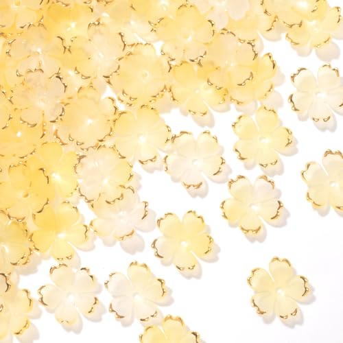100pcs Cherry Blossom Beads, 5-Petal Yellow Gradient Acrylic Flower Beads, Mini Spacer Hair Accessories Halloween Christmas for Bracelets Earring Jewelry Making - color: Yellow