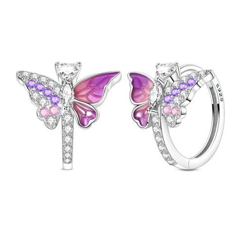 LAZA 925 Sterling Silver Hoop Earrings for Women, Sterling Silver Butterfly Hoops Colorful Flowers Hoop Huggie Earrings Hypoallergenic Jewelry Gifts for Women - color: Butterfly Earring