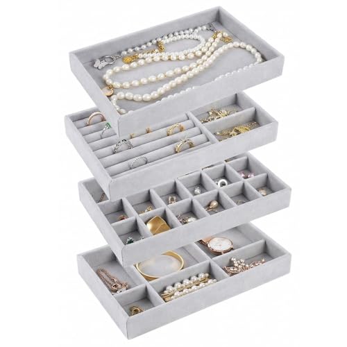 Velvet Drawer Jewelry Organizer Tray, Small Flat Jewelry Organizer for Drawer, Dresser Stacking Display Inserts for Jewelry Accessories in Dresser, Grey Set of 4