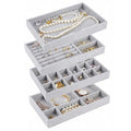 Velvet Drawer Jewelry Organizer Tray, Small Flat Jewelry Organizer for Drawer, Dresser Stacking Display Inserts for Jewelry Accessories in Dresser, Grey Set of 4