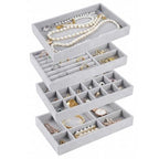 Velvet Drawer Jewelry Organizer Tray, Small Flat Jewelry Organizer for Drawer, Dresser Stacking Display Inserts for Jewelry Accessories in Dresser, Grey Set of 4