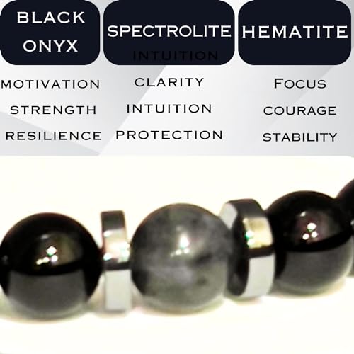 Mens Beaded Bracelet - Stone Jewelry, Black Onyx Hematite Bracelets, Mens Accessories, Adjustable - style: Spectral Gleam