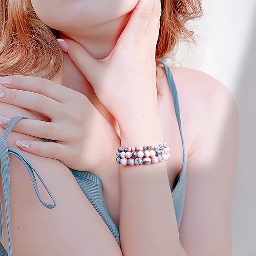 3Pcs Healing Crystal Turquoise Bracelets for Women Men 8mm 6mm 4mm Natural Stone Beaded Stretch Bracelet Jewelry Gifts for Women Girl - color: T5-Pink Zebra Jasper