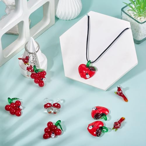 Beadthoven 8Pcs Handmade Lampwork Glass Beads Charm Red Glass Crystal Bird Mushroom Grape Apples Cute Glass Beads for DIY Spring Jewelry Making Bracelets Necklace Earrings Keychain - color: Red
