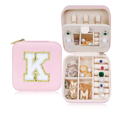 ETHOON Jewelry Travel Case Small Organizer Stocking Box Personalized Gifts Teenage Jewelry Accessories Holiday Christmas Gift for Women Pink Mirror, Letter K - color: Pink K