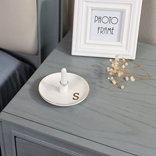 HOME SMILE Initials Ring Holder Jewery Tray with personalized S-Monogrammed Engagement Gifts for Friends,Birthday Mother's Day Christmas Gifts for Women,Ceramic White - style: S
