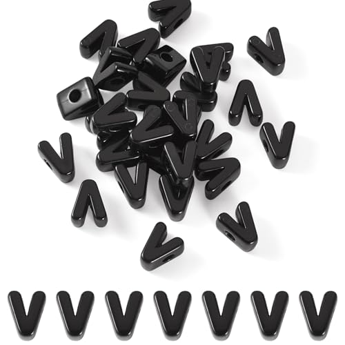 FASHEWELRY 30Pcs Acrylic Letter V Beads with Large Hole Big Plastic Letter Blocks European Beads 3D Letters Chunky Vowel Initial Alphabet Bead for Key Chains Necklace DIY Arts Craft Projects - color: Black, size: V