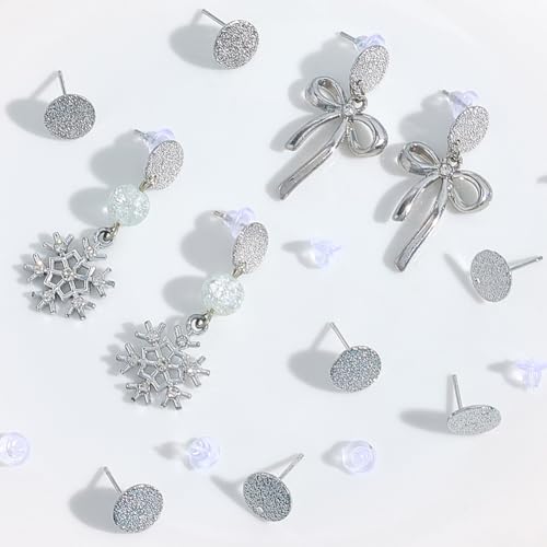 Beebeecraft 1 Box 32Pcs Flat Round Earring Studs for Jewelry Making Platinum Plated Brass Frosted Surface Round Earring Posts with Loop Hole and 40Pcs Plastic Ear Nut for DIY Ear Crafts Supplies - color: Silver