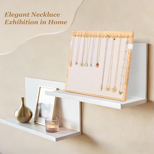 Necklace Dispaly Stand with 18 Hooks, Wooden Velvet Necklace Organizer Holder for Dispaly Necklaces Bracelet, Jewelry Stand Display with Elastic band for Selling Vendors Home,Beige