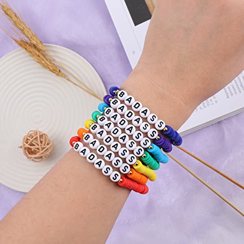 Rainbow Heishi Surfer Bracelets Set for Women Stackable Clay Beaded Bracelets Disc Stretch Preppy Bracelets Layering Colorful Friendship Bracelets Team Cheer Bulk Boho Summer Beach Jewelry Gift - style: BADASS