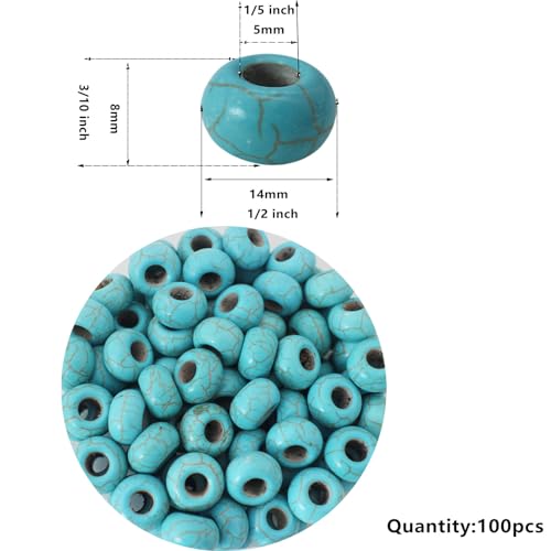 Turquoise Large Hole Beads for Jewelry Making - 100pcs 14mm European Gemstone Howlite Rondelle Spacer Big Craft Beads for Pens, Bracelets - color: Turquoise Large Beads