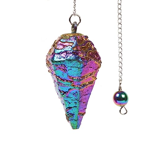 Justinstones Metallic Rainbow Coated Dragon Blood Fossil Gemstone Rock Crystal Hexagonal Pointed Reiki Chakra Pendant Pendulum - color: Metallic Rainbow Coated Dragon Blood Fossil