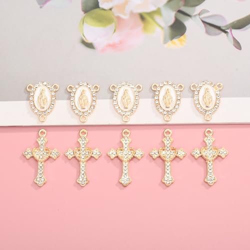 Jiali Q 20 Piece Set Rhinestone Cross Connectors and Pendants for Jewelry Making (Gold Our Lady of Grace) - color: GOLD Our Lady of Grace