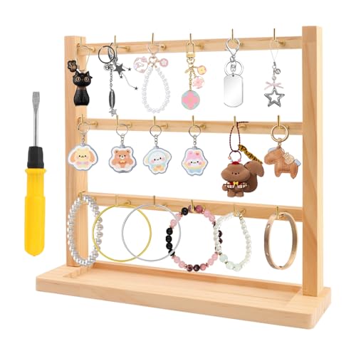 3 Tier Wooden Earring Display Stand With 18 Metal Hooks, Wood Keychain Display Stand for Showcasing Keys Jewelry and Accessories for Vendor Booth, Retail Store, Home