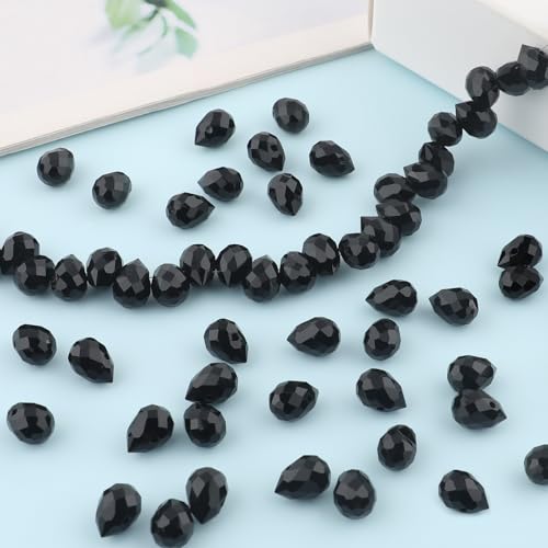 100pcs Black Faceted Crystal Glass Beads 8x10mm, Shiny Teardrop Glass Beads for Jewelry Making, Crystal Beads for Bracelet Necklace Earring DIY Craft - color: Black