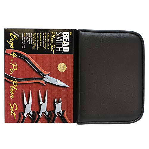 The Beadsmith Ergonomic Pliers Set – Extra Fine Tips – 5 Inches, 4-Pieces: Round Nose, Chain Nose, Flat Nose & Semi-flush Side Cutter – Leatherette Carrying Case Included – Tools for Jewelry Making - size: 4-piece Set - 5"