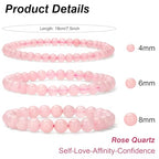 3Pcs Natural Healing Crystal Bracelets for Women Men, 4mm 6mm 8mm Beaded Stretch Bracelet Set, Black Tourmaline Natural Stone Gemstone Jewelry Gifts for Meditation, Reiki & Yoga - color: Rose Quartz