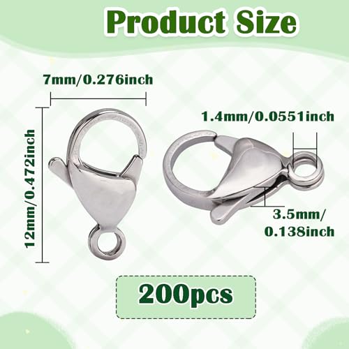 200Pcs 12mm Stainless Steel Lobster Clasps Silver Lobster Claw Clasps Fasteners Hooks for DIY Necklace Bracelet Jewelry Making - color: Dark Silver, size: 12mm