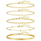 adoyi Gold Bracelets for Women, 14K Gold Plated Stackable Bracelet Stack Set Adjustable Charm Paperclip Chain Cuban Link Layered Waterproof Jewelry Sets Gifts for Womens - color: 5PCS Gold 6.5 IN General Wrist