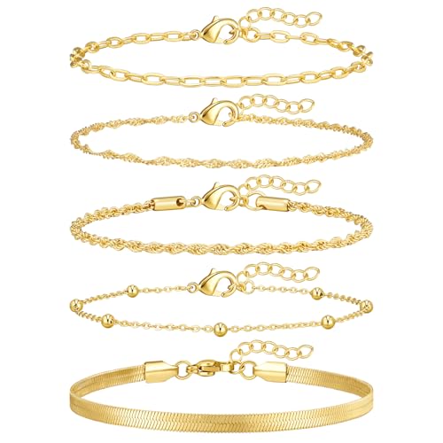 adoyi Gold Bracelets for Women, 14K Gold Plated Stackable Bracelet Stack Set Adjustable Charm Paperclip Chain Cuban Link Layered Waterproof Jewelry Sets Gifts for Womens - color: 5PCS Gold 6.5 IN General Wrist