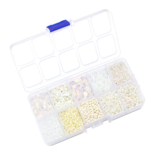 Assorted Beads for Jewelry Making, Glass Seed Bugle Tube Beads Loose Sequins Multiple Sizes for Crafts Sewing Jewelry Making - color: cream