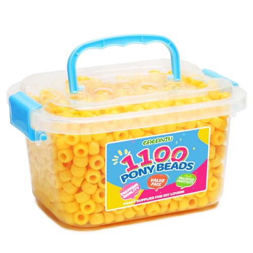 Pony Beads 1100+ Pcs – Yellow Plastic Kandi Beads in Jar for Bracelets, Hair Braids, Jewelry Making & DIY Crafts - color: Yellow