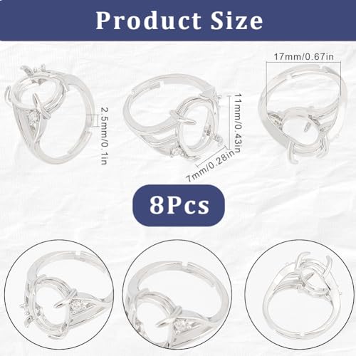 SUNNYCLUE 1 Box 8PCS Silver Prong Ring Blank Prong Ring Settings Adjustable Finger Metal Alloy Rhinestone Bases Setting for Jewelry Making Kit Women Adult Findings DIY Crafts Supply - style: Ring 4
