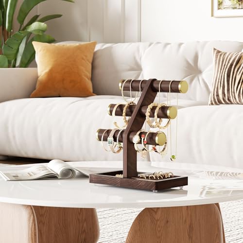 SRIWATANA 1 Bracelet Holder, Jewelry Display Stand Birthday Mother's Day Christmas Wood Solid Wood Classic Design Non-Slip Pad Metal End Cap Keeps Jewelry Secure T-Bar Organizer for Bracelets - Walnut - color: Walnut