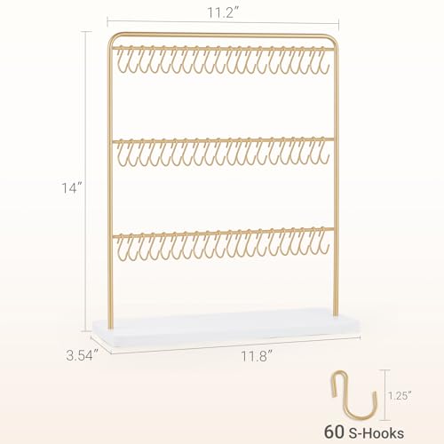 Mkono Bracelet Holder Metal Jewelry Organizer Display Stand Modern Necklace Holder with 60 Hooks Storage Rack for Hanging Bangle and Earrings Bedroom Dressing Table Decor Gifts for Women,Gold