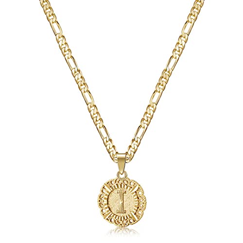 KissYan Initial Necklaces for Women, 14K Gold Plated Round Letter Pendant Capital Monogram Necklace Alphabets from A-Z Figaro Chain Jewelry - color: Gold, style: I
