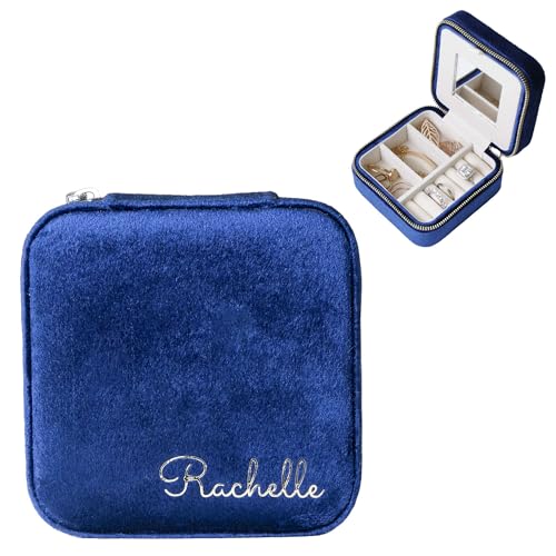 Customizable Compact Velvet Jewelry Box with Mirror, Travel Jewelry Case, Travel Jewelry Organizer, Jewelry Box for Women and Girls, Small Jewelry Organizer (Bottom Right Text, Winter Blue) - color: Winter Blue, size: Bottom Right Text Only