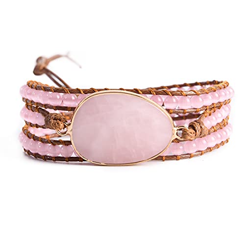 YGLINE Women Boho Handmade Natural Stone Crystal Leather Bead Wrap Bracelets Collection - color: Rose Quartz-3w