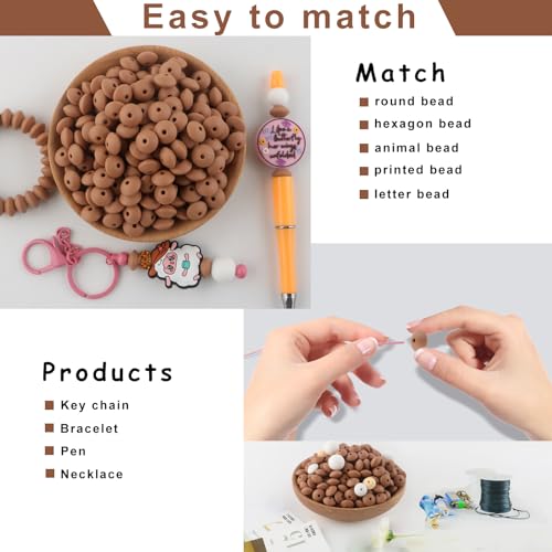 Sunrony 200Pcs Silicone Lentil Beads for Keychain Making, Bulk 12mm Silicone Abacus Spacer Beads for Necklace Bracelet Making Pens(Camel) - color: G-Camel