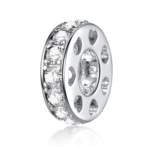 925 Sterling Silver Spacer Charm Bead with Clear CZ for Pandora Charms Bracelets - color: Clear Heart