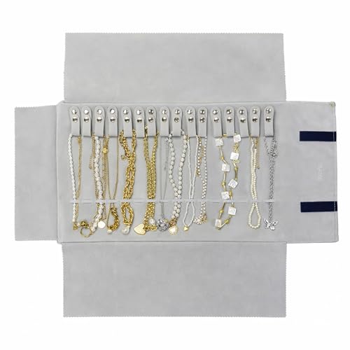 UnionPlus Velvet Travel Jewelry Roll Bag Organizer for Necklace, Elastic Band and Anti-winding, Black and Gray - color: Black+Grey, size: Medium