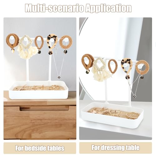 WCHOSOZH Jewelry Organizer Stand, Necklace Holder with Wooden Tray 5 Storage Hooks, Earring Holder with 5 Pcs Jewelry Bags for Bracelet,Chains,Rings,Earrings,Keys Watches,Necklaces (White) - color: White