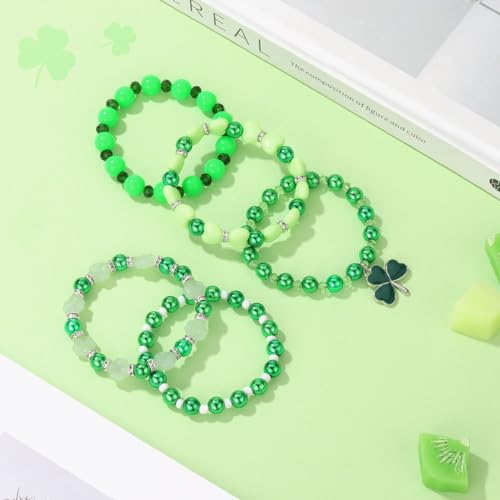 Emibele Colorful Stretch Bracelet Stack Boho Beaded Bracelet Set Heishi Surfer Bracelet Stackable Y2K Trendy Jewelry Friendship Multiple Set Women Fans - style: Green 5PCS