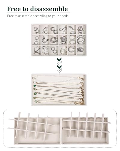Stackable Jewelry Organizer Trays with Removable Dividers, 2-Tray Beige Jewelry Drawer Organizer Set for Earrings, Necklaces, Rings & Bracelets Gift for Her