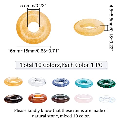 NBEADS 10 Pcs 10 Styles Natural Circle Donut Gemstone Charms, 18mm Dyed Flat Round Mixed Natural and Synthetic Donut Stone Beads Pendants Natural Stone Pendant for Jewelry Making, Hole: 5.5mm - color: 10 Pcs 10 Styles Stone A