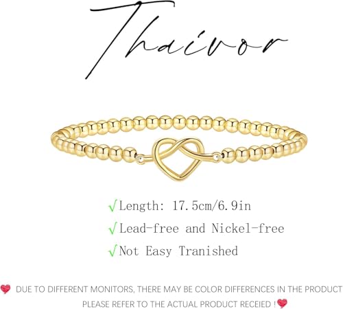 Mothers Day Gifts - Beaded Bracelets for Women 14K Silver Gold Plated Stretch Handmade Ball Bracelets Cute Charm Bracelet Dainty Stackable Cross Heart Bow Wave CZ Circle Trendy Jewelry Easter Gifts - color: knot-heart