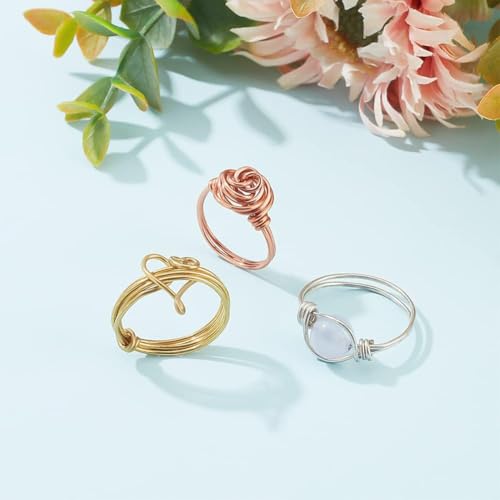 WEBBEDY Wire Wrapped Ring Making Kit, Jewelry Making Supplies Kit with 3-Color Jewelry Wire, Crystal Gemstone Beads, Mini Pliers Tools for Making 12 Sets Rings, 3 Styles Valentine's Day Unique Gift