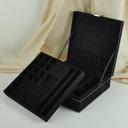 Jewelry Boxes 10 x 10 Inches 2-layer Handle Necklace Holder Organizer Jewellery Women Rings Storage Display Girls Earrings Case Lockable Jewelry Tray GY641 (Black) - color: Black