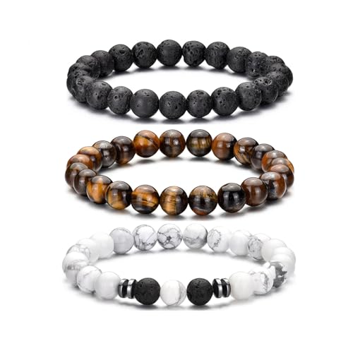RANKEEF Tiger Eye Bracelet For Men 8MM Natural Stone Stretch Adjustable Black Crystal Beaded Bracelet for Men Women Gifts - color: 2,white,tiger eye