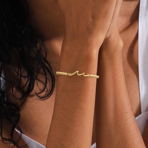 Mothers Day Gifts - Beaded Bracelets for Women 14K Silver Gold Plated Stretch Handmade Ball Bracelets Cute Charm Bracelet Dainty Stackable Cross Heart Bow Wave CZ Circle Trendy Jewelry Easter Gifts - color: wave