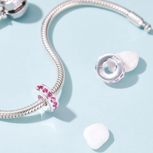 925 Sterling Silver Spacer Charm Bead with Clear CZ for Pandora Charms Bracelets - color: 2PCS Rose Pink